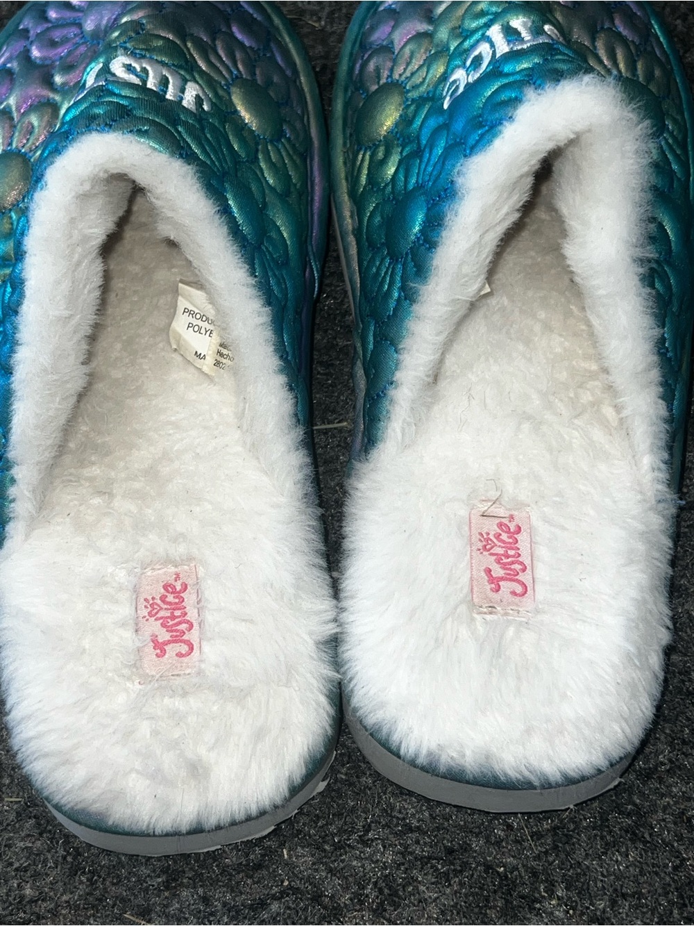 Justice Girls’ Faux Fur Slippers – Iridescent Floral – Size 4–5 - Picture 3 of 5